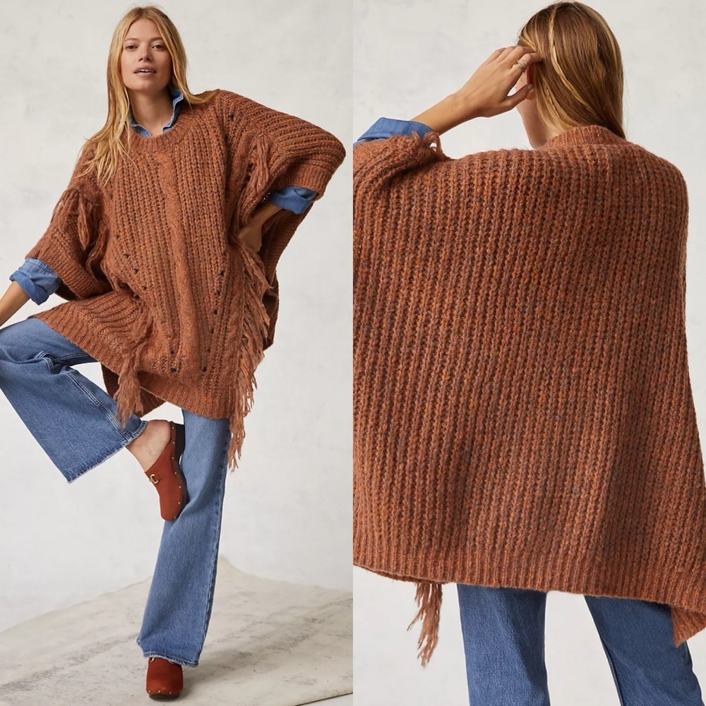 NWT Anthropologie Marled Fringe Poncho Sweater One Size